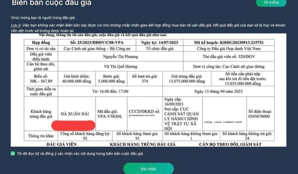 Người trúng đấu giá phải xác nhận biên bản trúng đấu trước 24h cùng ngày